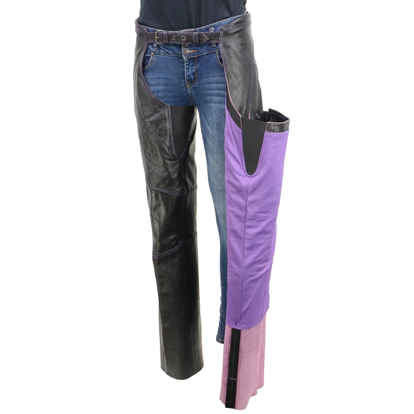 Milwaukee Leather Chaps for Women Black and Purple Premium Skin Laser Cut Accent Stitching Motorcycle Chap- MLL6525