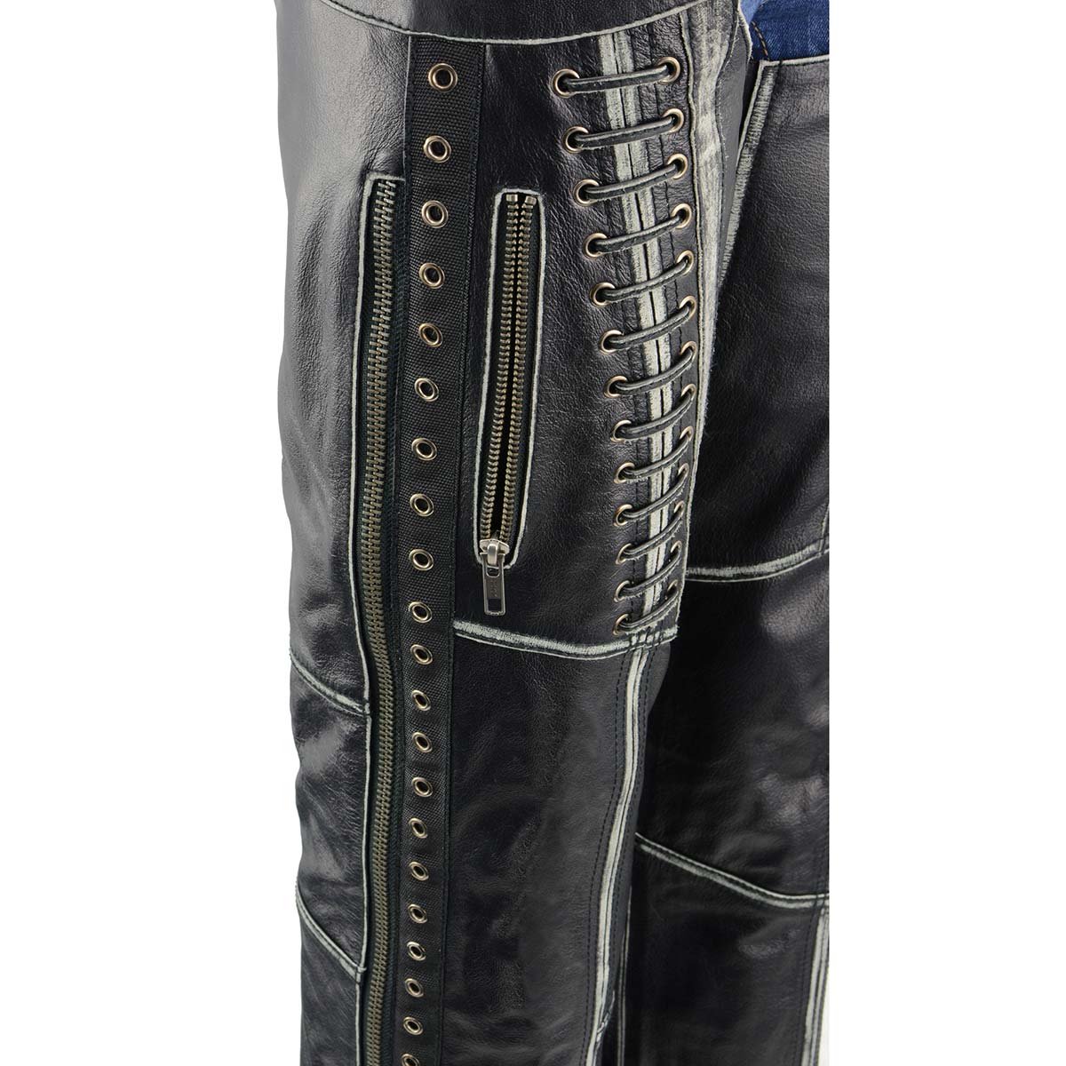 Milwaukee Leather Chaps for Women Black Premium Skin Rubbed Seams- Accented Lace Detailing Motorcycle Chap- MLL6526