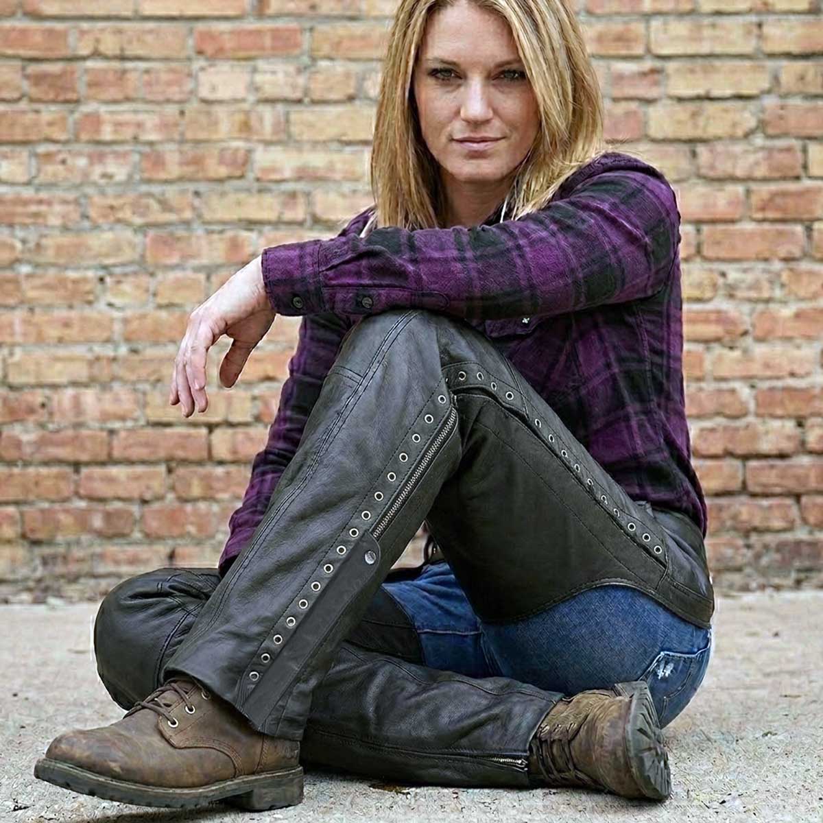 Milwaukee Leather Women's Black Lightweight Premium Goat Skin Leather Motorcycle Chaps w/ Accent Lacing -MLL6535