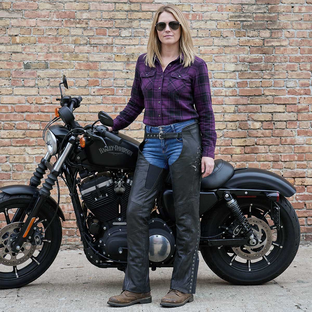 Milwaukee Leather Women's Black Lightweight Premium Goat Skin Leather Motorcycle Chaps w/ Accent Lacing -MLL6535