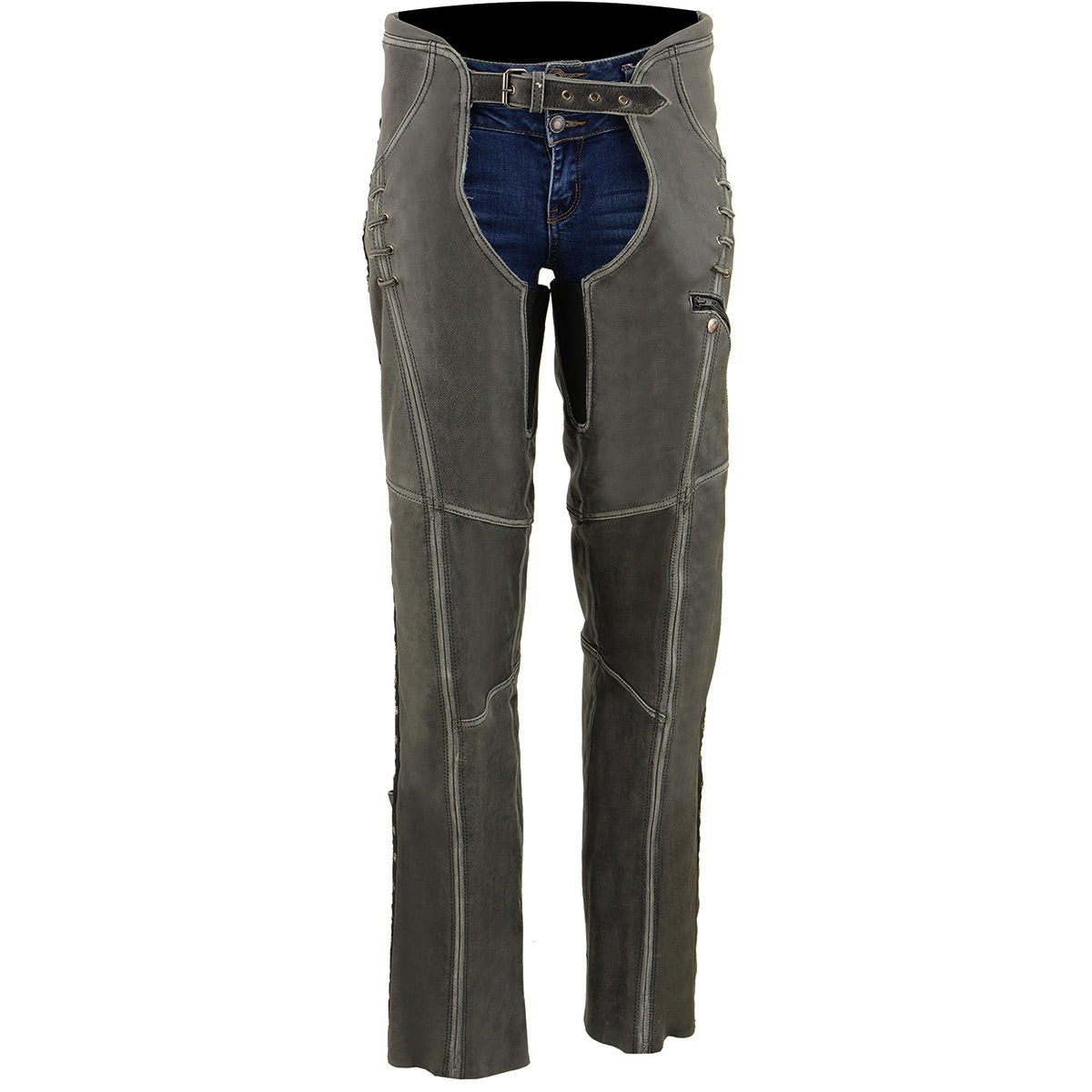 Milwaukee Leather Chaps for Women Distress Grey Premium Skin- Accent Lace Grommet Details Motorcycle Chap- MLL6536