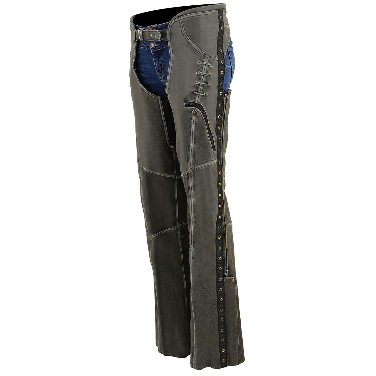 Milwaukee Leather Chaps for Women Distress Grey Premium Skin- Accent Lace Grommet Details Motorcycle Chap- MLL6536