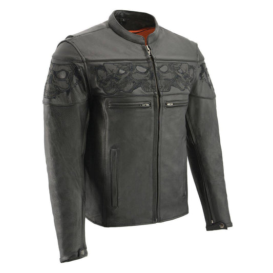 Milwaukee Leather MLM1501 Men's Black 'Cool-Tec' Leather Crossover Scooter Jacket with Reflective Skulls