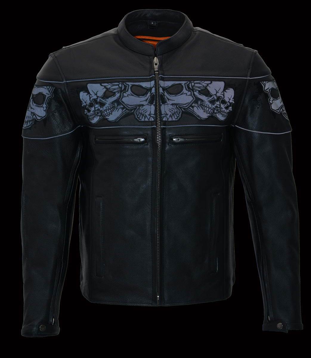 Milwaukee Leather MLM1501 Men's Reflective Skulls Premium Black Leather Motorcycle Jacket w/ Cool-Tec Treatement