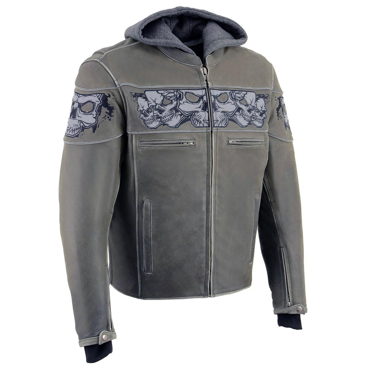 Milwaukee Leather MLM1562 Men's Distressed Grey Leather Jacket with Reflective Skulls