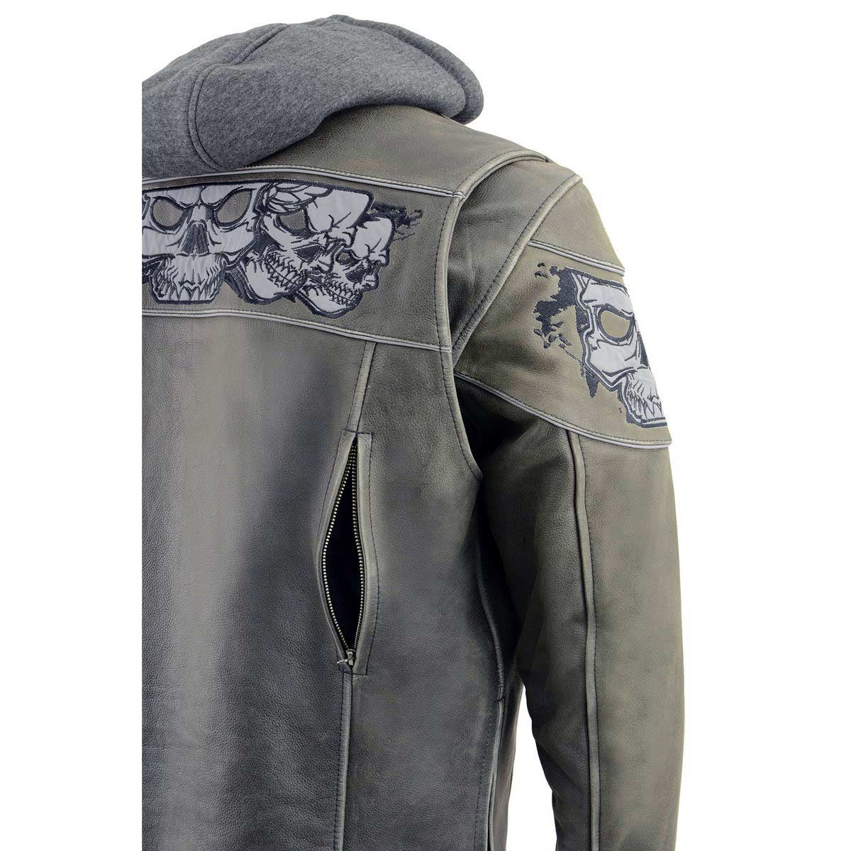 Milwaukee Leather MLM1562 Men's Distressed Grey Leather Jacket with Reflective Skulls