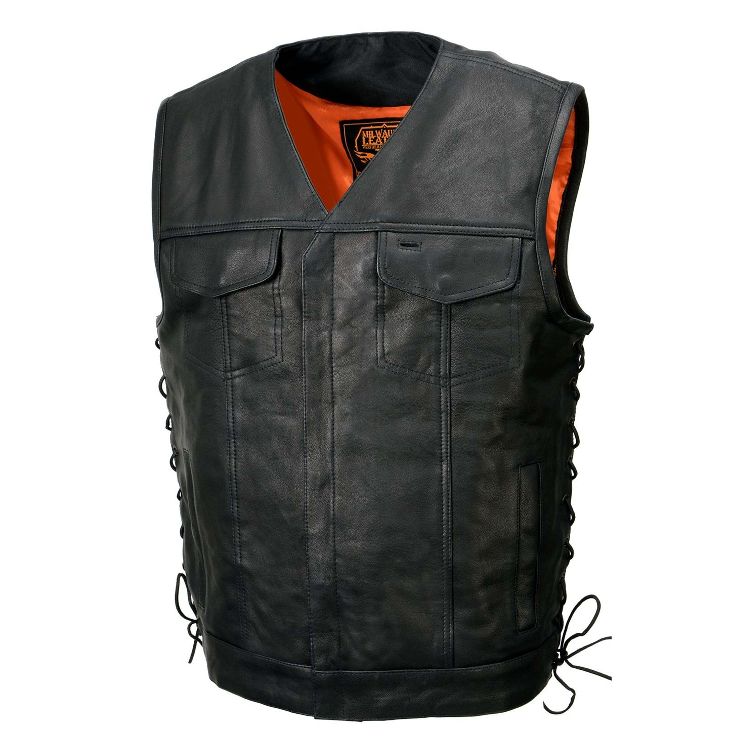 Milwaukee Leather MLM3504 Men's Black 'Pursuit' V Neck Club Style Motorcycle Leather Vest with Adjustable Side Laces