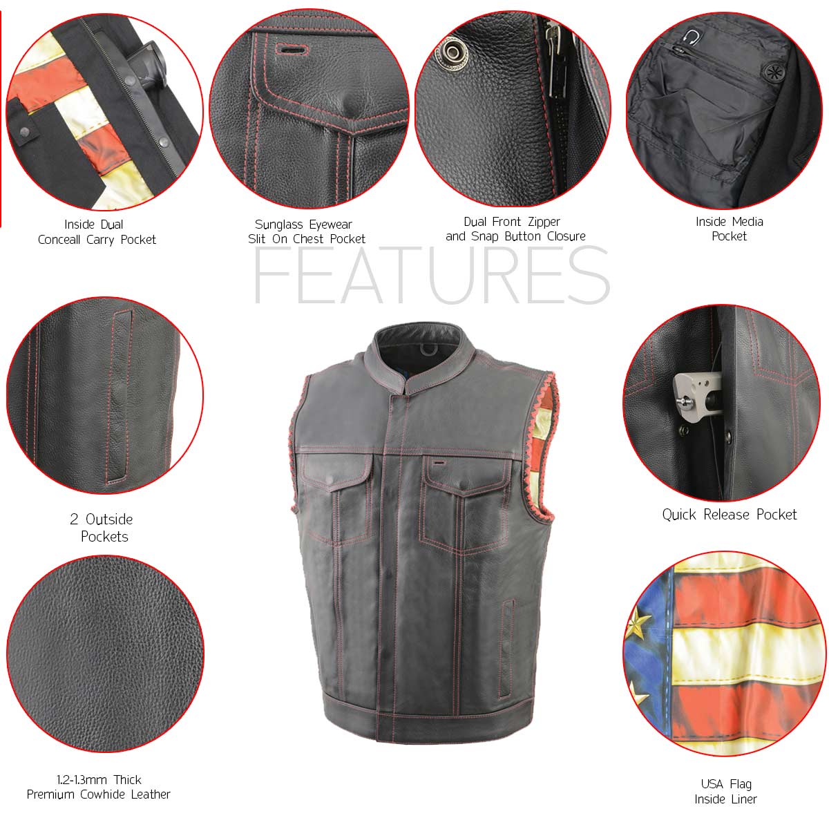 Milwaukee Leather MLM3506 Men's Black Naked Leather Vest - Old Glory Laced Armholes Red Stitching Club Style Vest