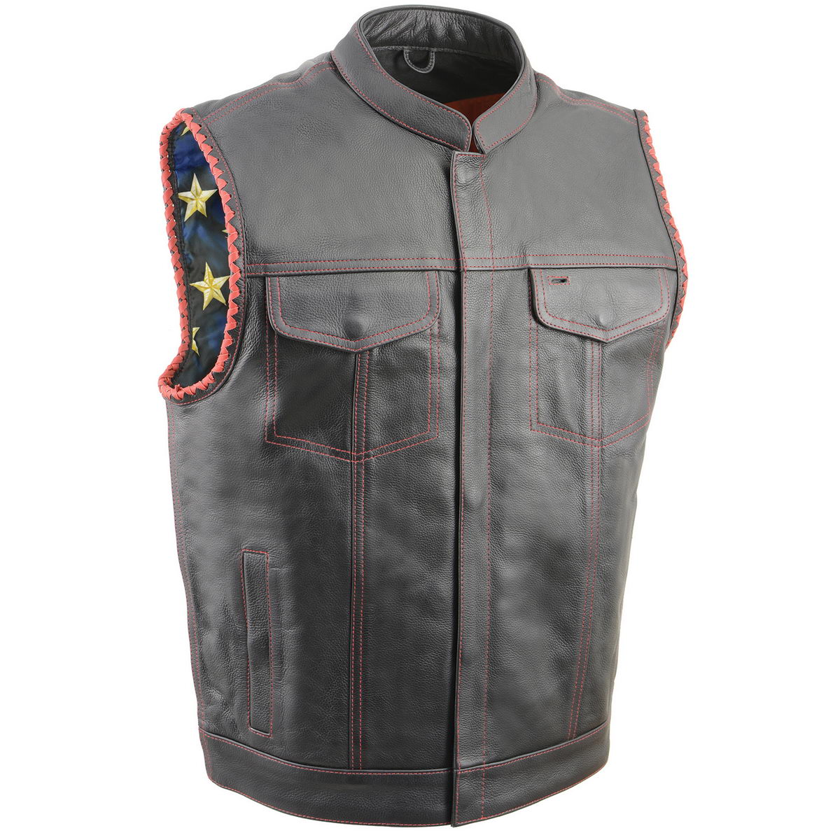 Milwaukee Leather MLM3506 Men's Black Naked Leather Vest - Old Glory Laced Armholes Red Stitching Club Style Vest