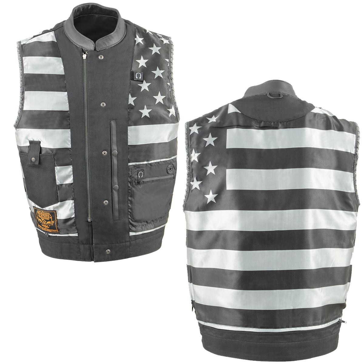 Milwaukee Leather MLM3507 Men's Old Glory Black Premium Leather Club Style Vest w/ Grey Stitching Laced Armholes