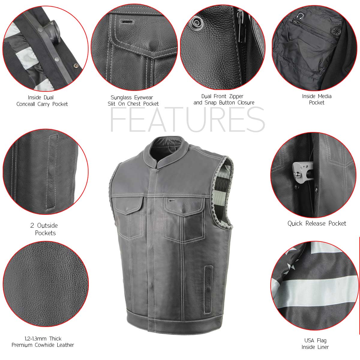 Milwaukee Leather MLM3507 Men's Old Glory Black Premium Leather Club Style Vest w/ Grey Stitching Laced Armholes