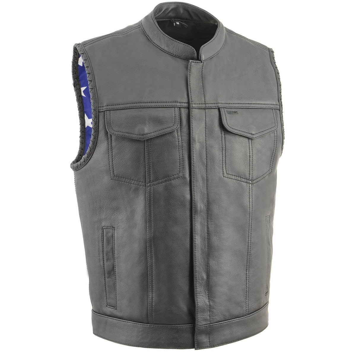 Milwaukee Leather MLM3508 Men's Black Naked Leather Vest - Old Glory Laced Armholes Black Stitching Club Style Vest