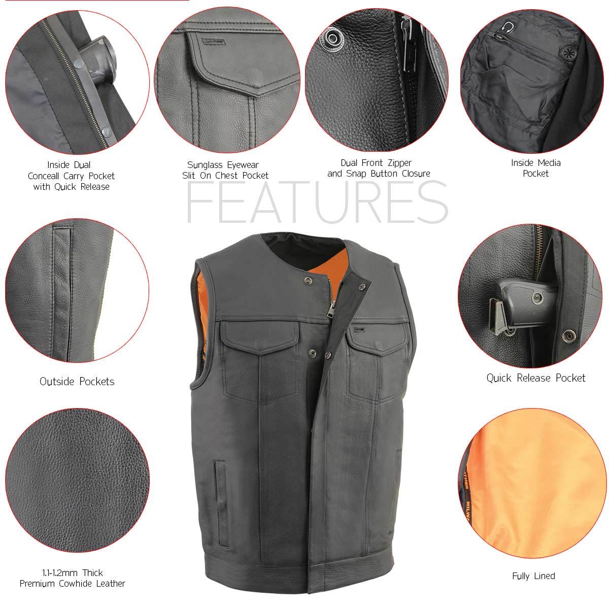 Milwaukee Leather Men's MLM3515 Black Premium Collarless Club Style Motorcycle Vest w/ Cool-Tec Leather Treatment