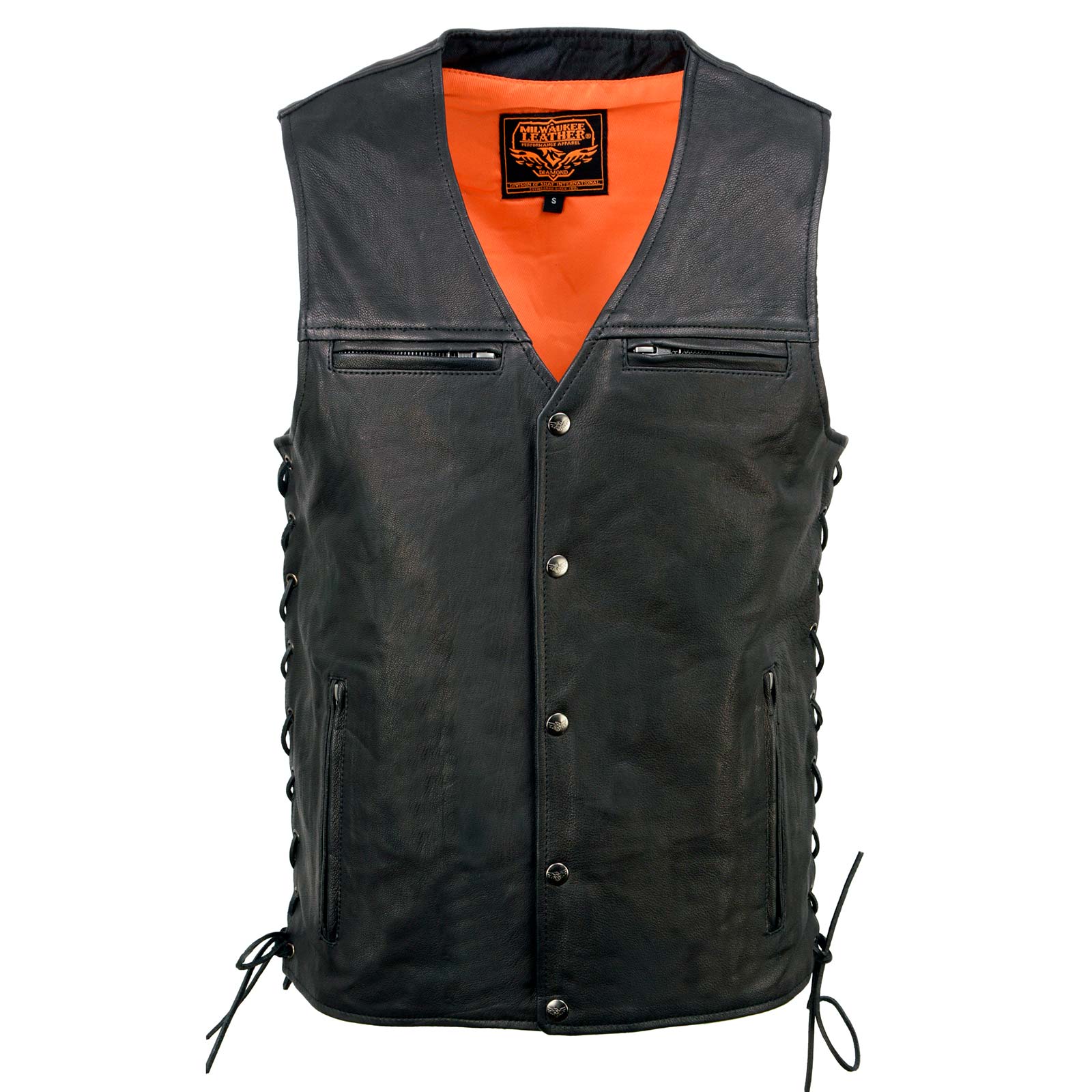 Milwaukee Leather MLM3517 Men's Black Naked Leather Classic V-Neck Straight Bottom Side Lace Motorcycle Rider Vest