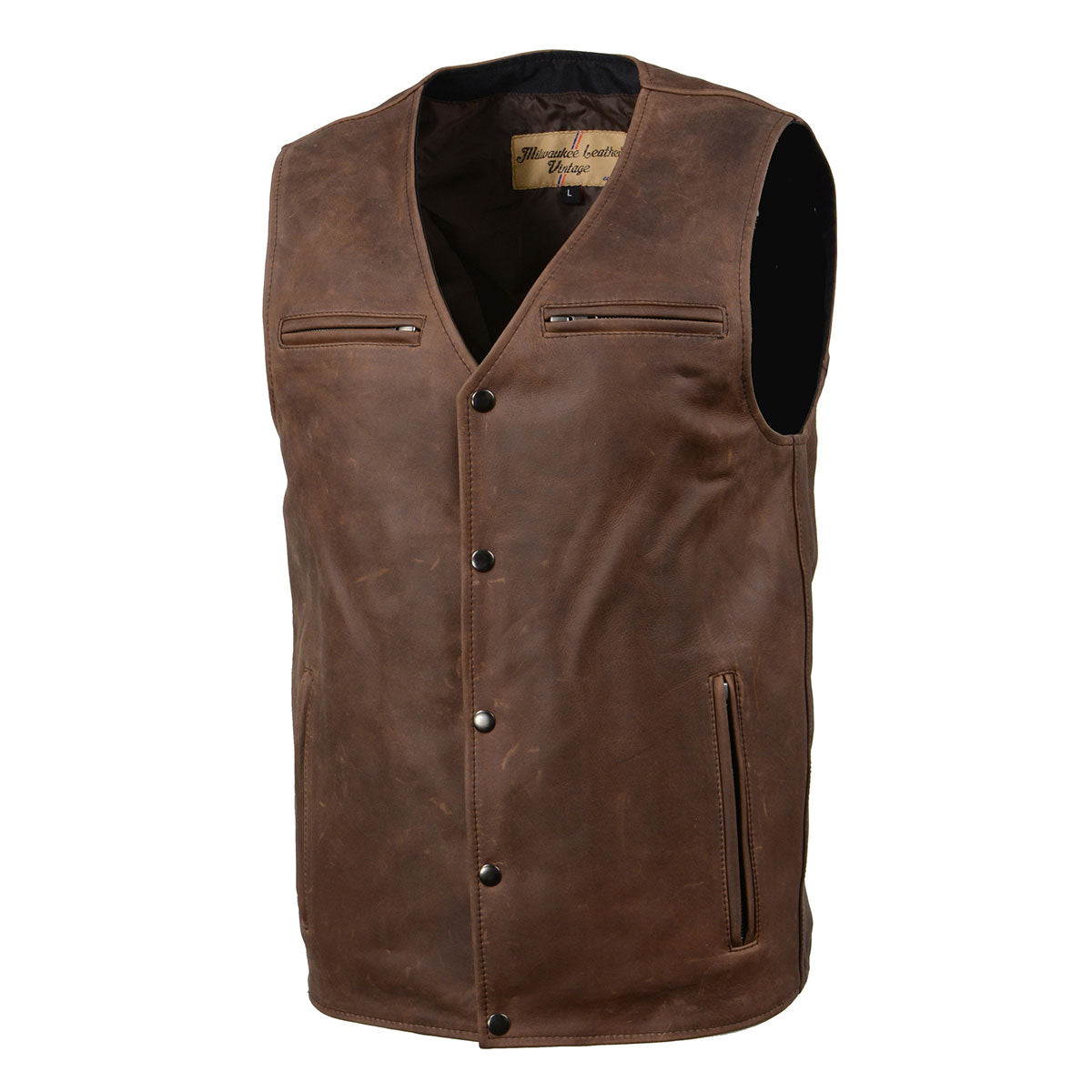 Milwaukee Leather MLM3518 Men's Gambler Snap Front Vintage Crazy Horse Brown Motorcycle Leather Vest