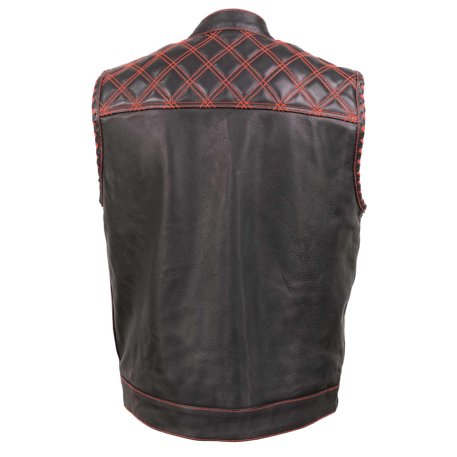 Milwaukee Leather MLM3526 Men's Black 'Paisley' Accented Red Stitching Leather Vest – w/ Armhole Trim Open Collar Design