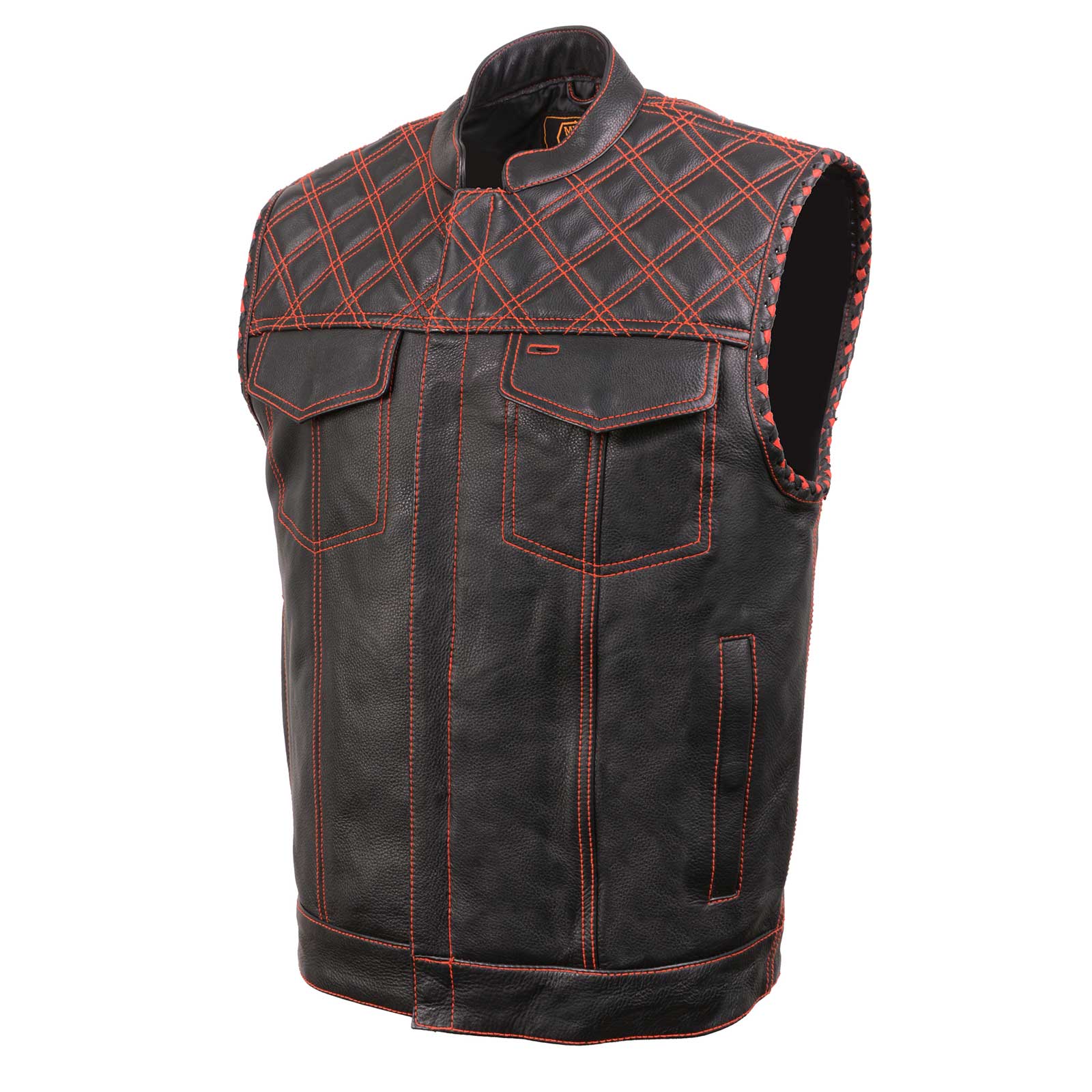 Milwaukee Leather MLM3526 Men's Black 'Paisley' Accented Red Stitching Leather Vest – w/ Armhole Trim Open Collar Design