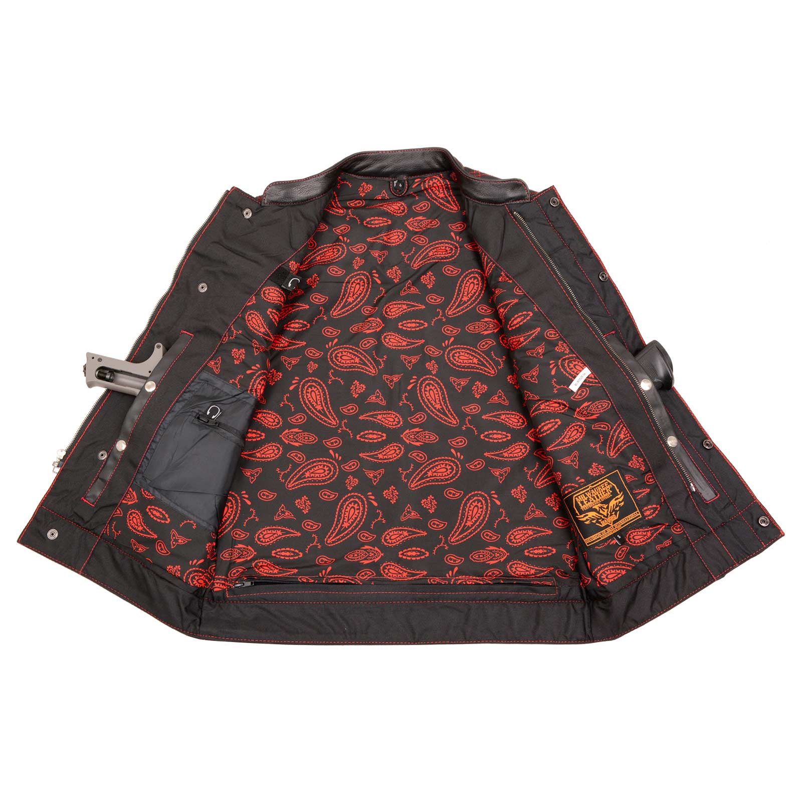 Milwaukee Leather MLM3526 Men's Black 'Paisley' Accented Red Stitching Leather Vest – w/ Armhole Trim Open Collar Design