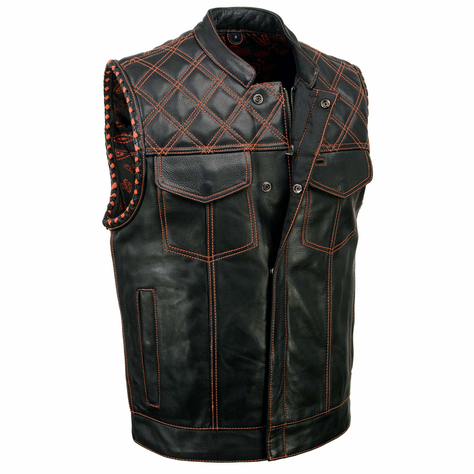 Milwaukee Leather MLM3527 Men's Black 'Paisley' Accented w/ Red Stitching Leather Vest – W/ Armhole Trim