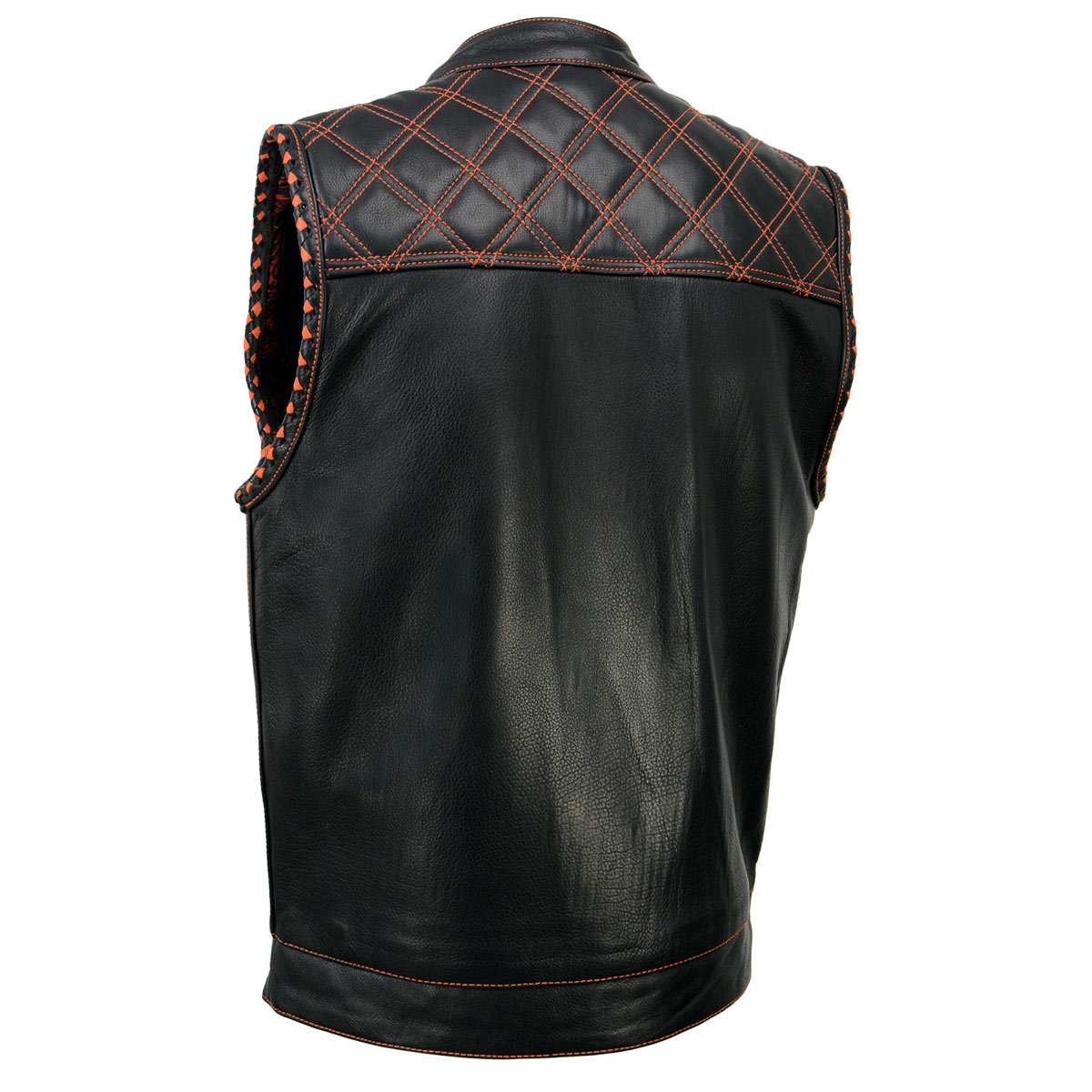 Milwaukee Leather MLM3527 Men's Black 'Paisley' Accented w/ Orange Stitching Leather Vest – / Armhole Trim