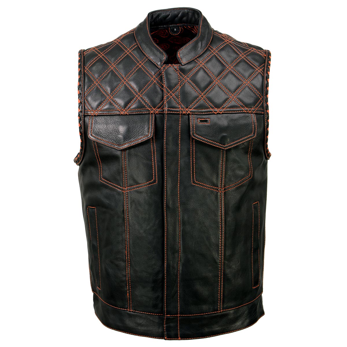 Milwaukee Leather MLM3527 Men's Black 'Paisley' Accented w/ Red Stitching Leather Vest – W/ Armhole Trim