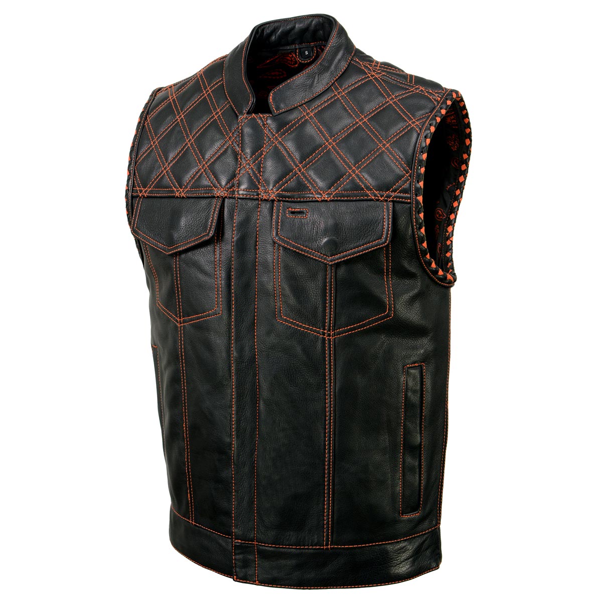 Milwaukee Leather MLM3527 Men's Black 'Paisley' Accented w/ Red Stitching Leather Vest – W/ Armhole Trim