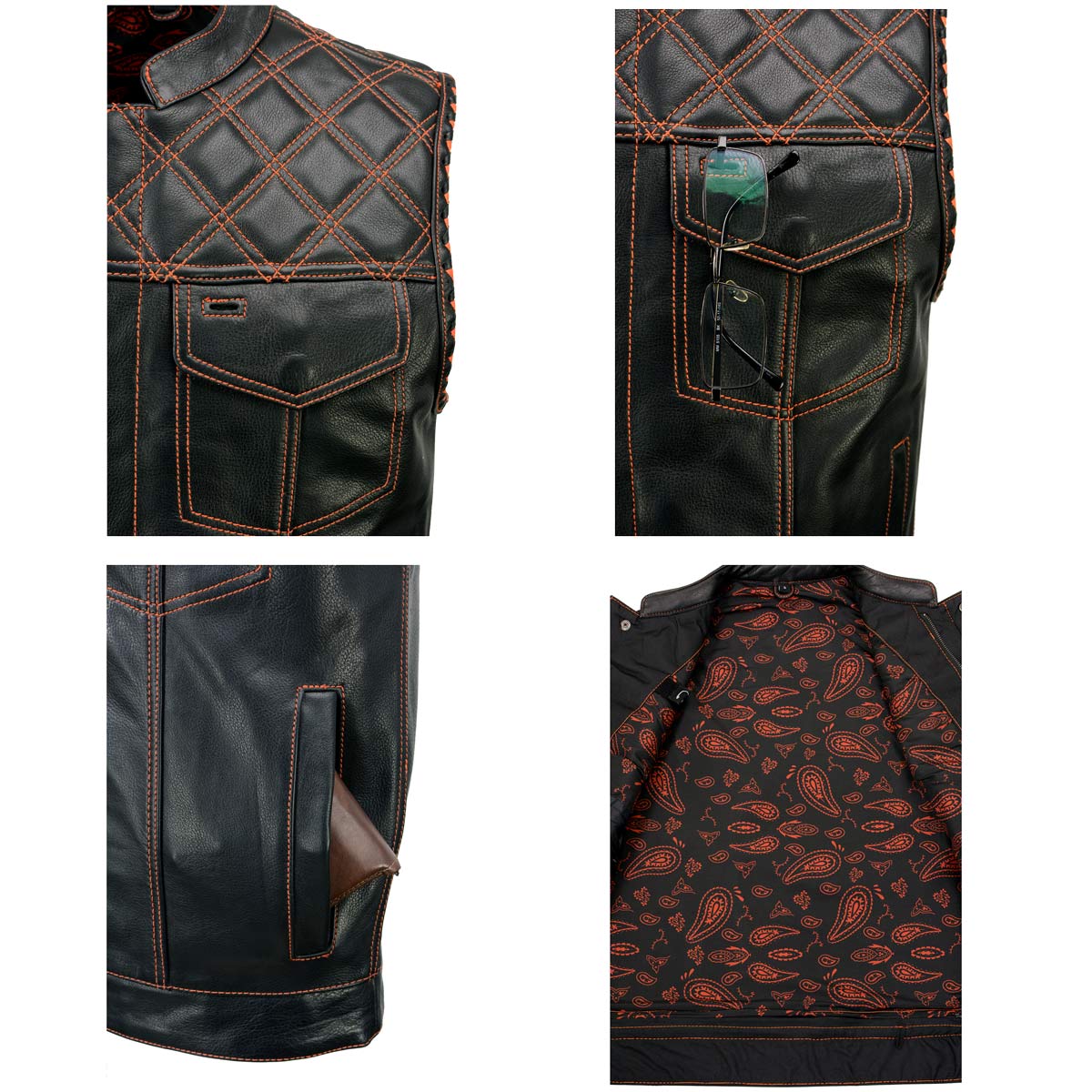 Milwaukee Leather MLM3527 Men's Black 'Paisley' Accented w/ Orange Stitching Leather Vest – / Armhole Trim