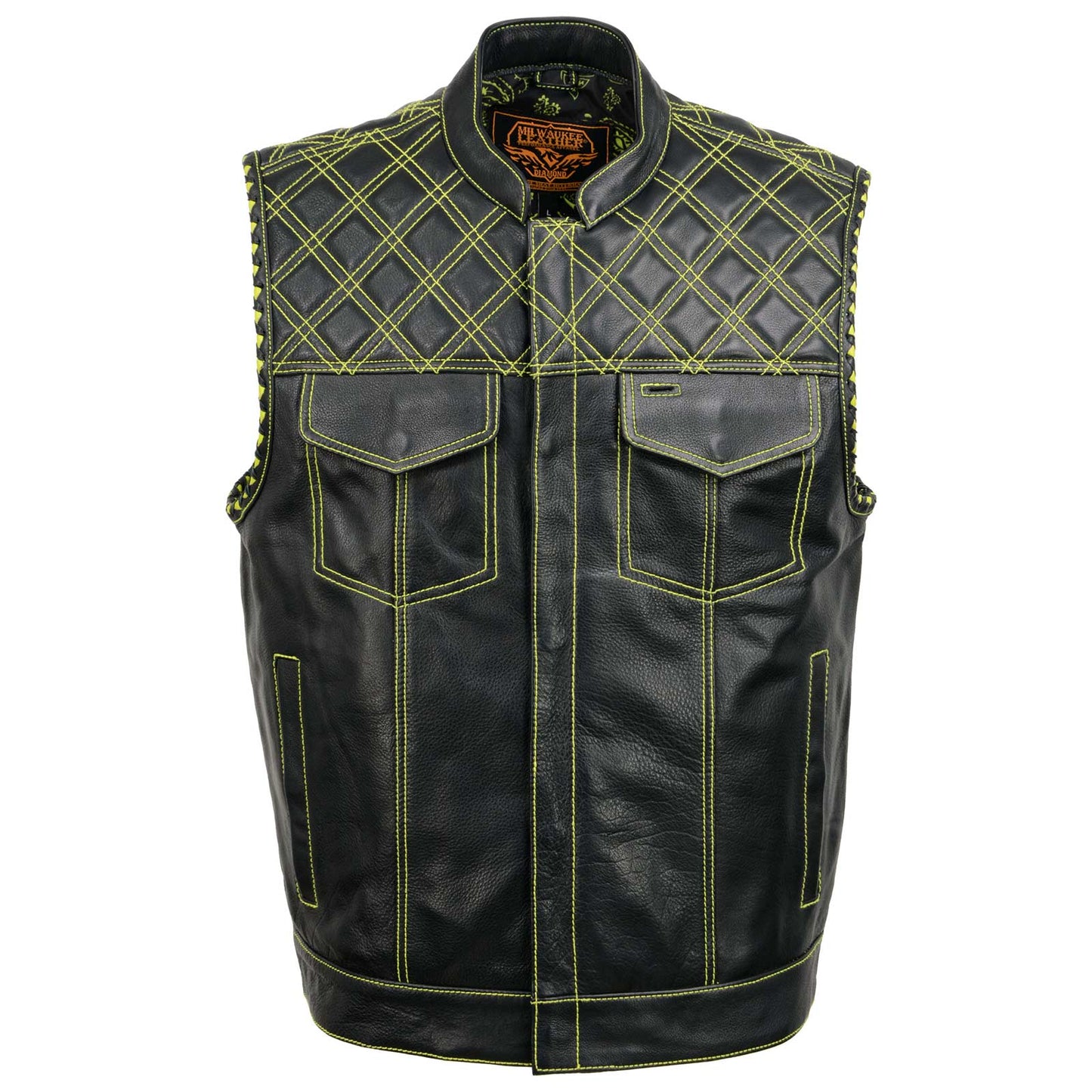 Milwaukee Leather MLM3528 Men's Black 'Paisley' Accented Neon Green Stitching Leather Vest w/Armhole Trim