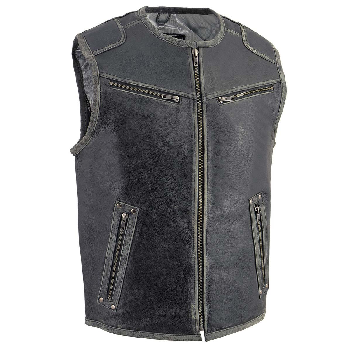 Milwaukee Leather MLM3536 Men's Classic Vintage Distressed Grey Collarless Motorcycle Rider Leather Vest