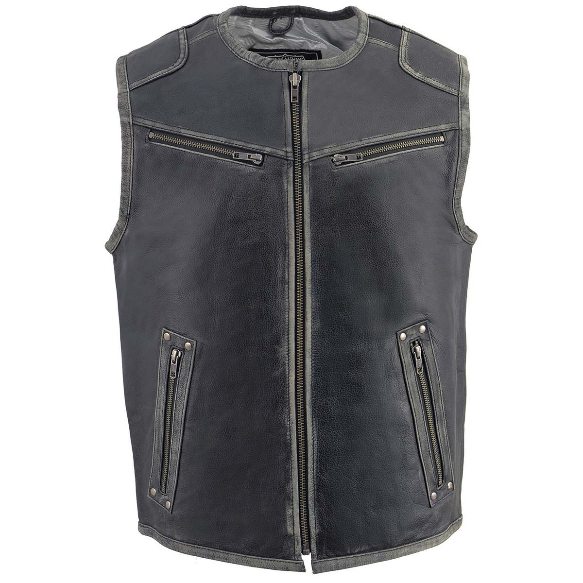 Milwaukee Leather MLM3536 Men's Classic Vintage Distressed Grey Collarless Motorcycle Rider Leather Vest