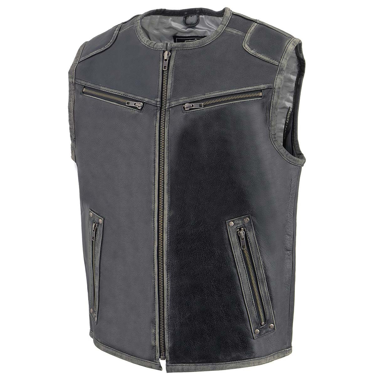 Milwaukee Leather MLM3536 Men's Classic Vintage Distressed Grey Collarless Motorcycle Rider Leather Vest