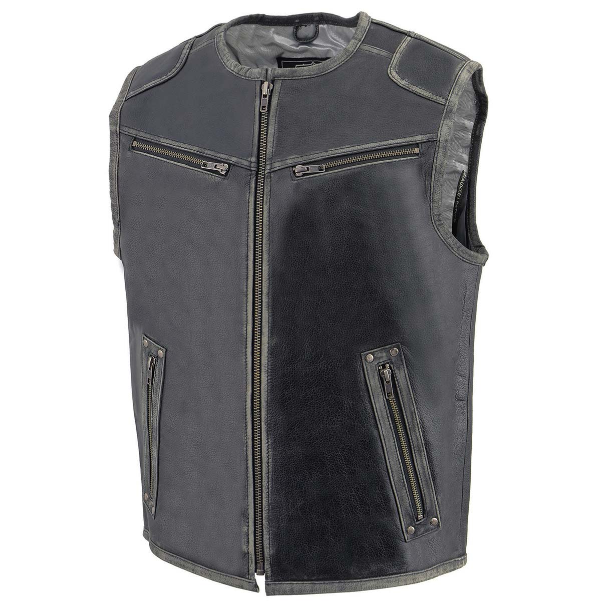 Milwaukee Leather MLM3536 Men's Distressed Grey Leather Collarless Motorcycle Rider Vest