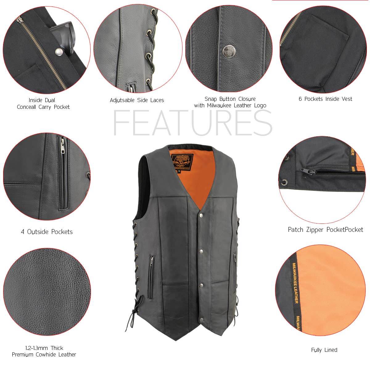 Milwaukee Leather MLM3541 Men's Roulette Black Premium Leather 10 Pocket Motorcycle Vest w/ Cool-Tec Leather Treatment