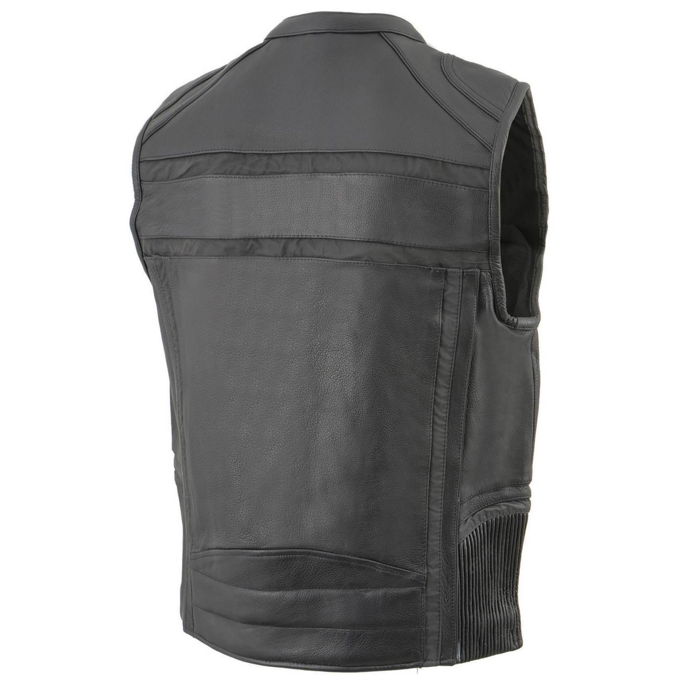 Milwaukee Leather MLM3560 Men's Black Leather Vest - Reflective Piping Elasticized Waist Open Neck Motorcycle Vest