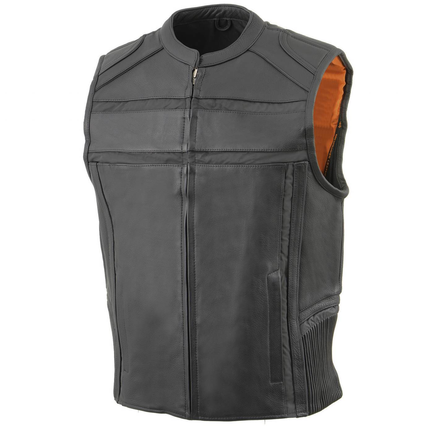 Milwaukee Leather MLM3560 Men's Black Leather Vest - Reflective Piping Elasticized Waist Open Neck Motorcycle Vest