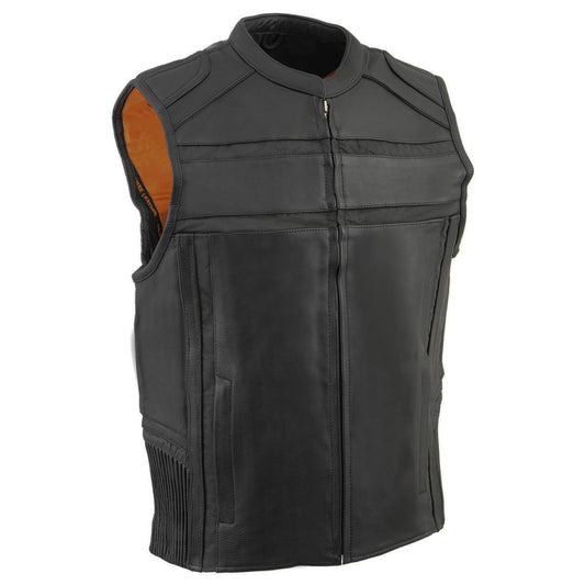 Milwaukee Leather MLM3560 Men's Black Leather Vest - Reflective Piping Elasticized Waist Open Neck Motorcycle Vest