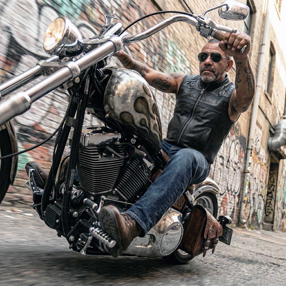 Milwaukee Leather MLM3560 Men's Black Leather Vest - Reflective Piping Elasticized Waist Open Neck Motorcycle Vest