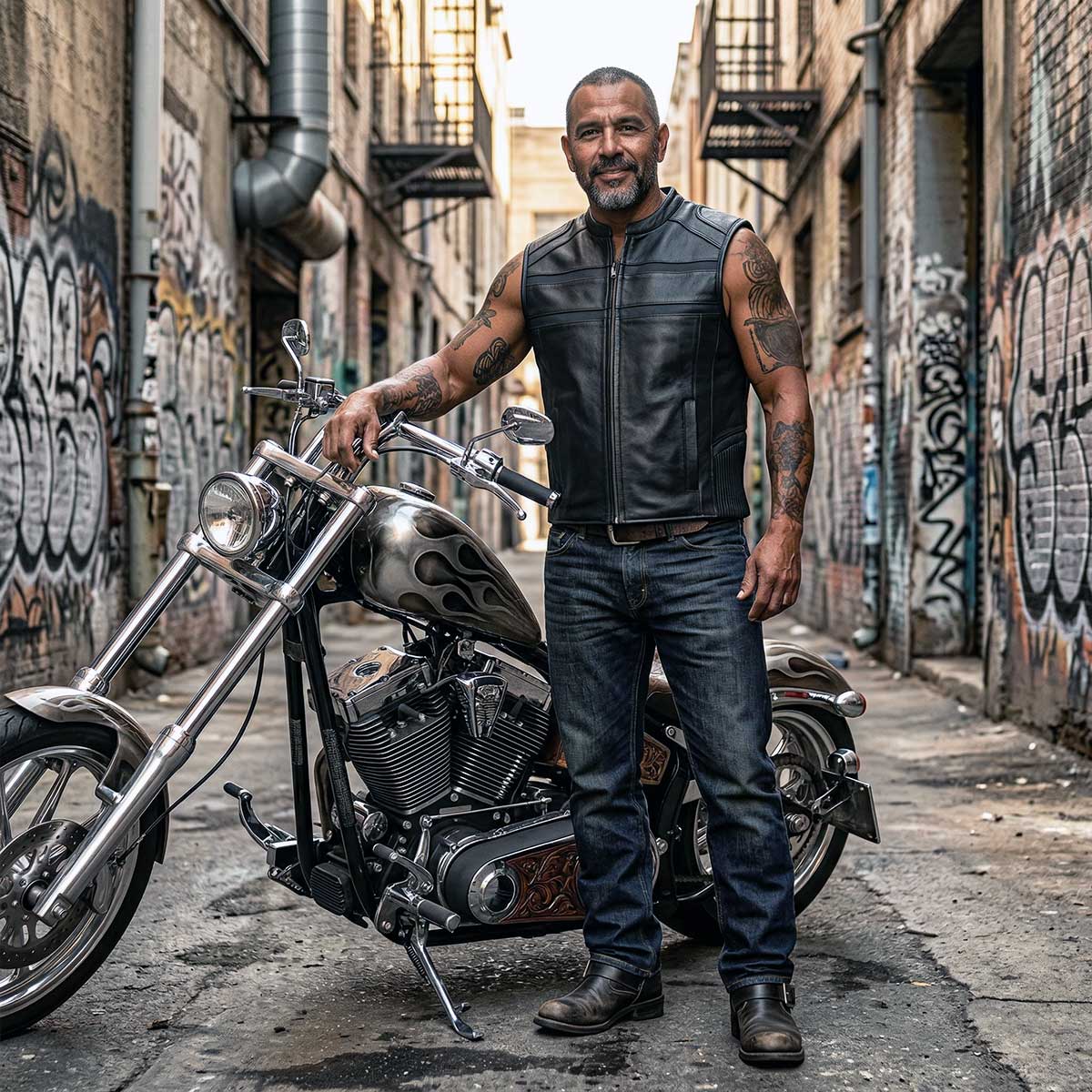 Milwaukee Leather MLM3560 Men's Black Leather Vest - Reflective Piping Elasticized Waist Open Neck Motorcycle Vest