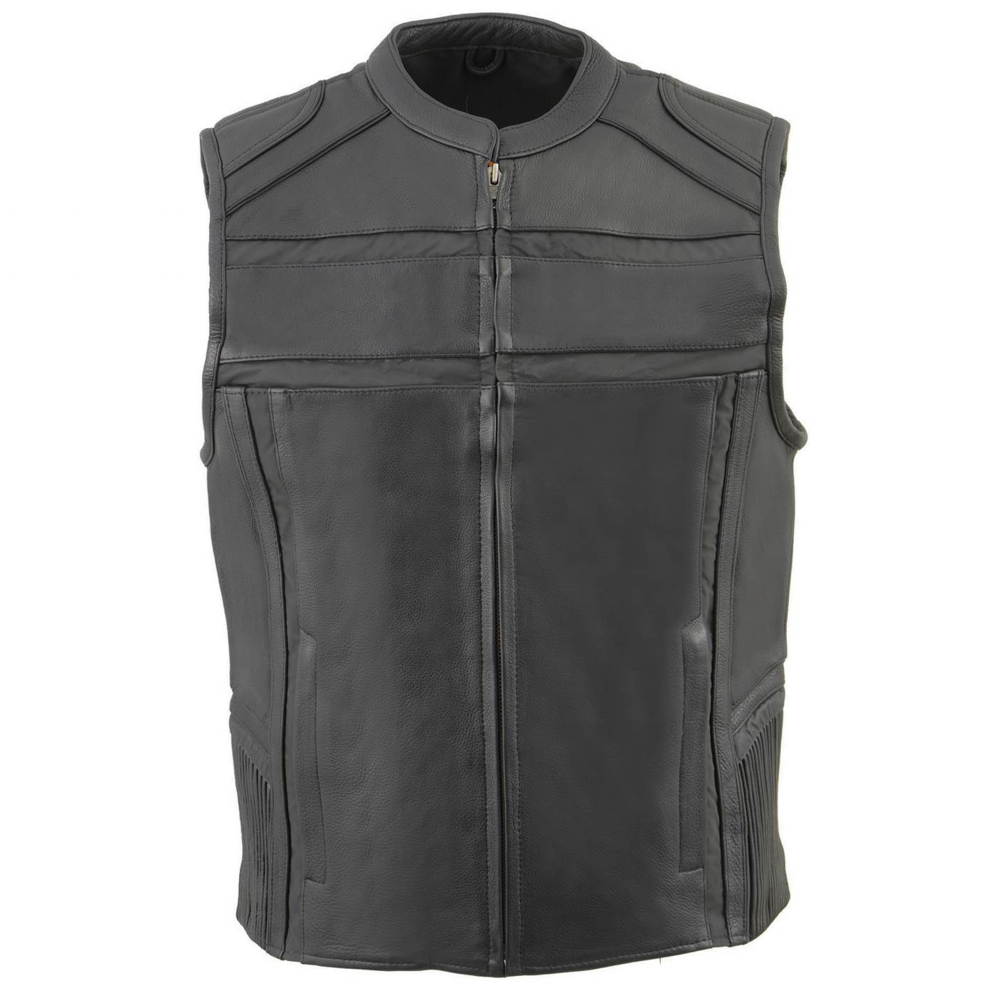 Milwaukee Leather MLM3560 Men's Black Leather Vest - Reflective Piping Elasticized Waist Open Neck Motorcycle Vest