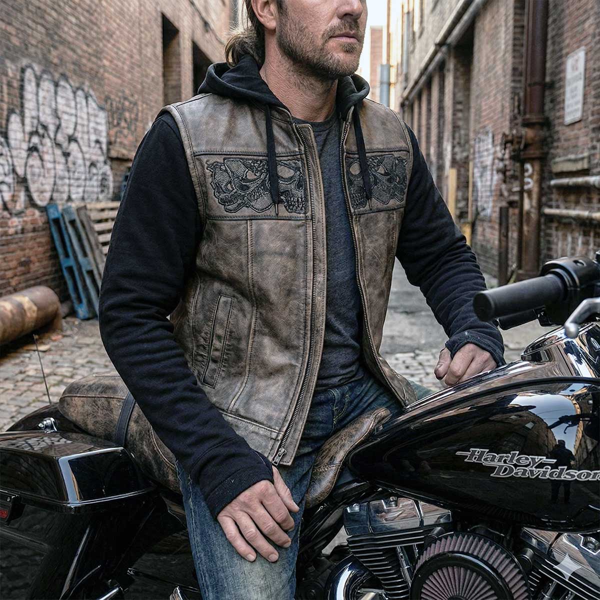 Milwaukee Leather MLM3561 Men's "Hell Raiser" 2 in 1 Distress Brown Leather Vest w/ Removeable Hoodie - Reflective Skull Artwork
