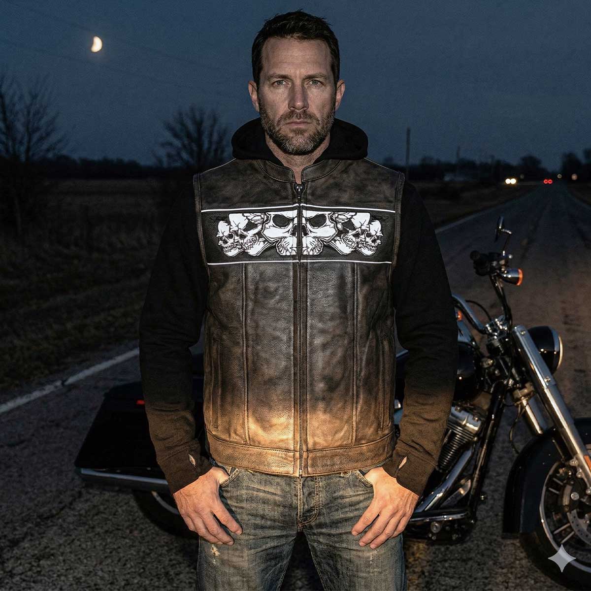 Milwaukee Leather MLM3561 Men's "Hell Raiser" 2 in 1 Distress Brown Leather Vest w/ Removeable Hoodie - Reflective Skull Artwork
