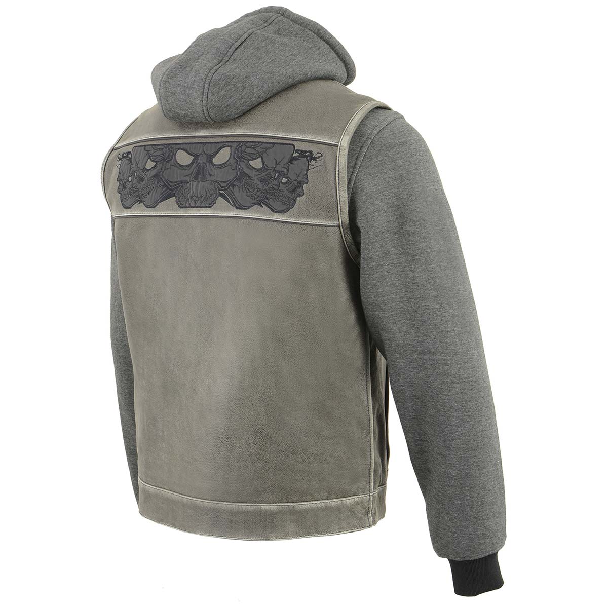 Milwaukee Leather MLM3562 Men's Leather Vest w/ Removeable Hoodie - Distress Grey Reflective Skulls Motorcycle Vest