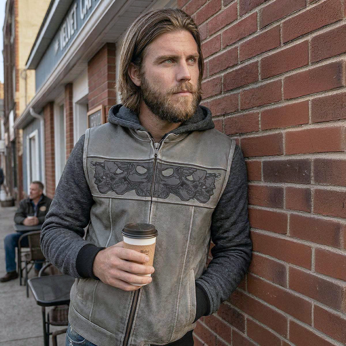 Milwaukee Leather MLM3562 Men's "Hell Raiser" 2 in 1 Distress Grey Leather Vest w/ Removeable Hoodie - Reflective Skull Artwork