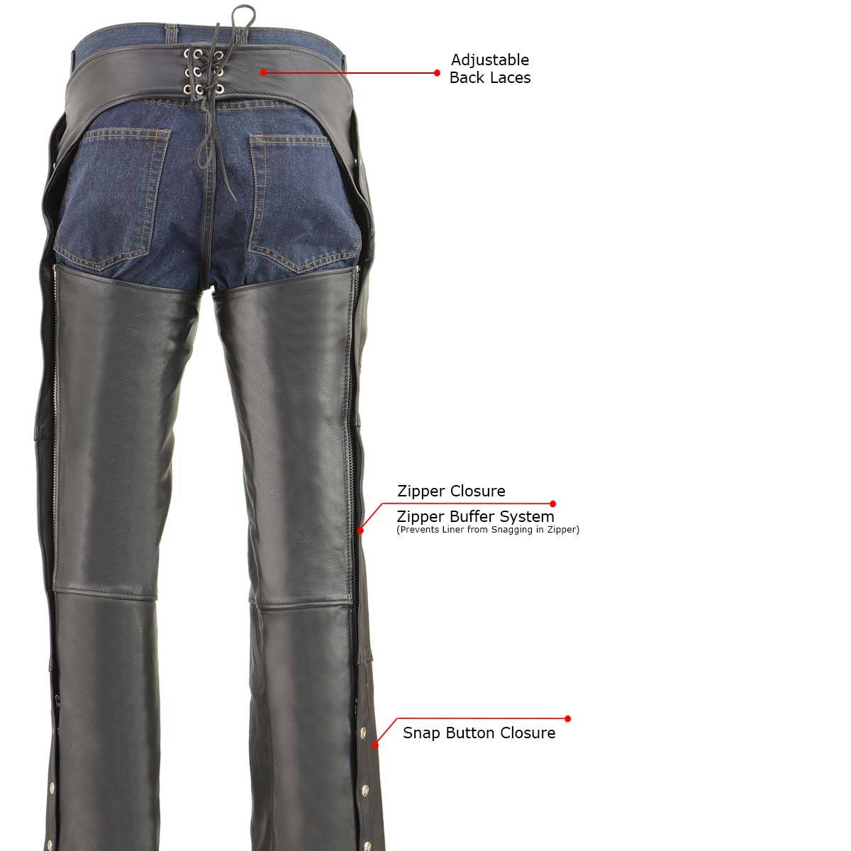 Milwaukee Leather MLM5505 Men's Removal Thermal Lined Black Premium Leather Motorcycle Chaps w/ Cool-Tec Leather