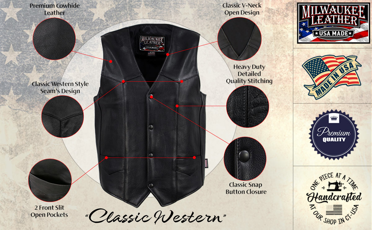 Milwaukee Leather USA MADE MLVSM5006 Men's Black 'Classic Western' Premium Motorcycle Rider Leather Vest