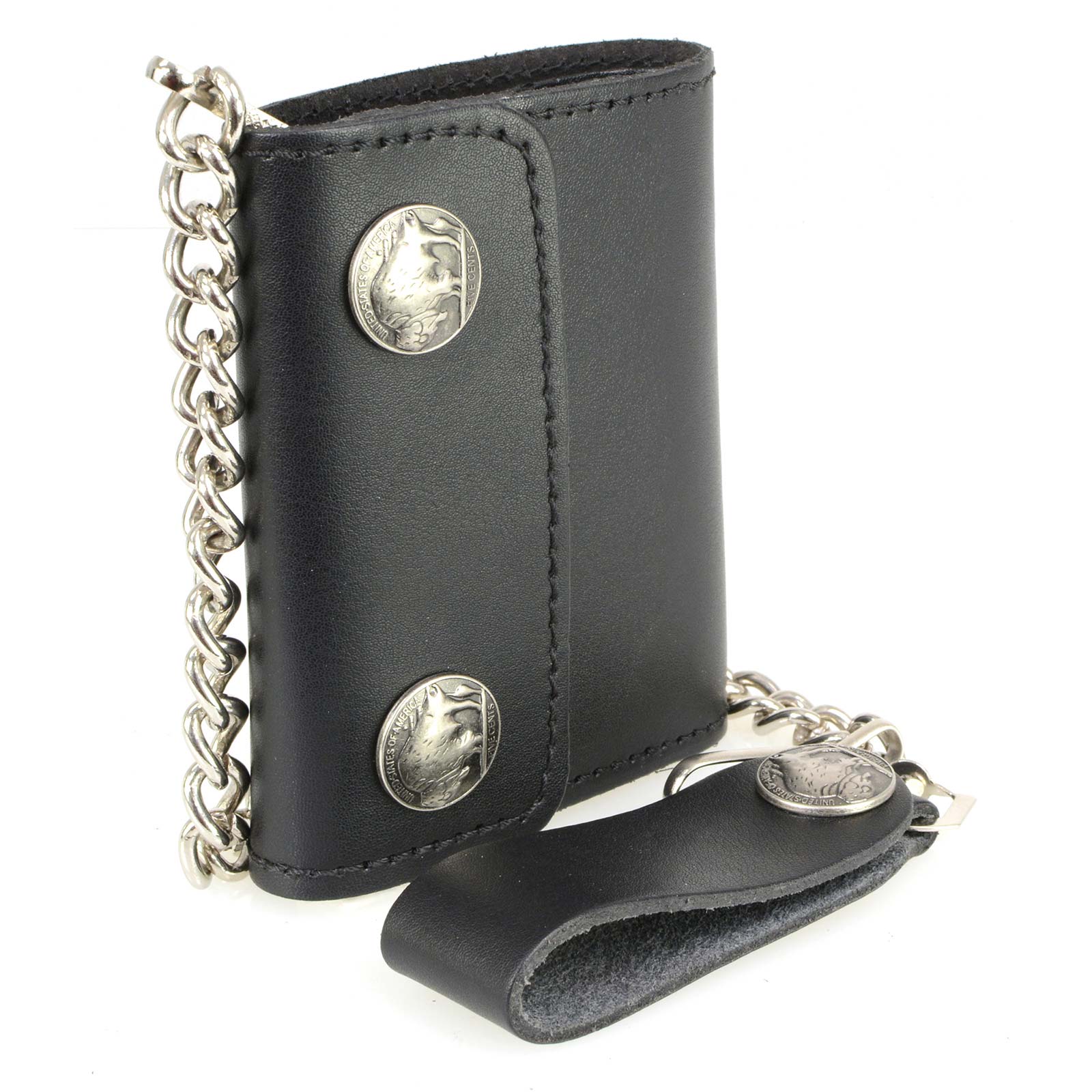 Milwaukee Leather MLW7821 Men's 4” Leather Biker Tr-Fold Wallet w/Buffalo Nickel Snaps Wallet w/ Anti-Theft Stainless Steel Chain