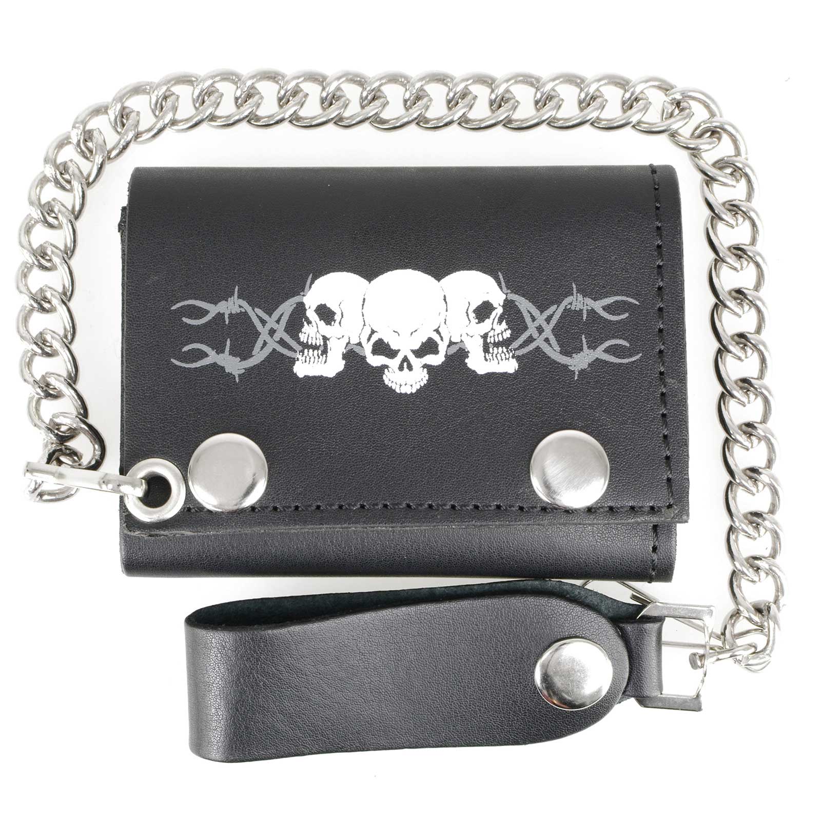 Milwaukee Leather MLW7836 Men's 4” Leather “Triple Skull” Tri-Fold Wallet w/ Anti-Theft Stainless Steel Chain