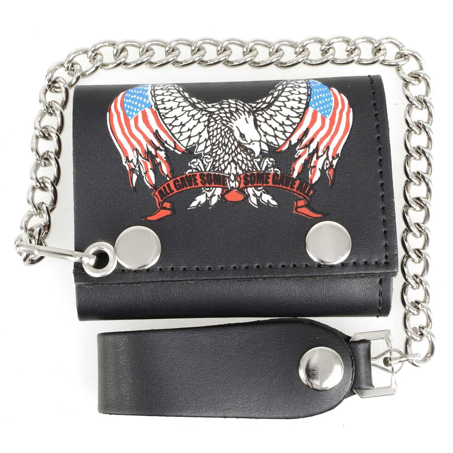 Milwaukee Leather MLW7837 Men's 4” Leather “Eagle w/ Flag” Tri-Fold Wallet w/ Anti-Theft Stainless Steel Chain