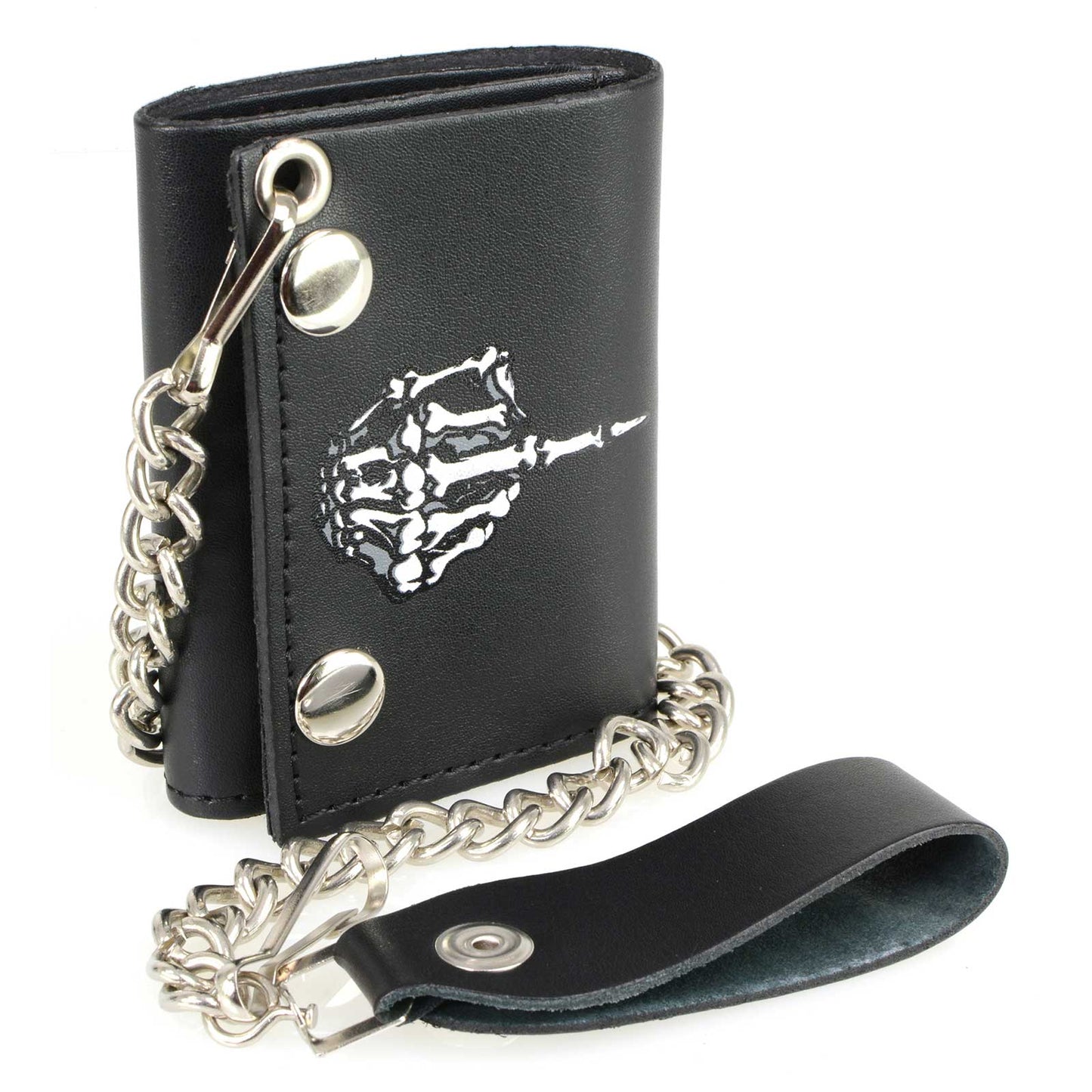 Milwaukee Leather MLW7840 Men's 4” Black Leather Biker Wallet - Tri-Fold Anti - Theft Stainless Steel Chain w/ "Skeleton Finger"