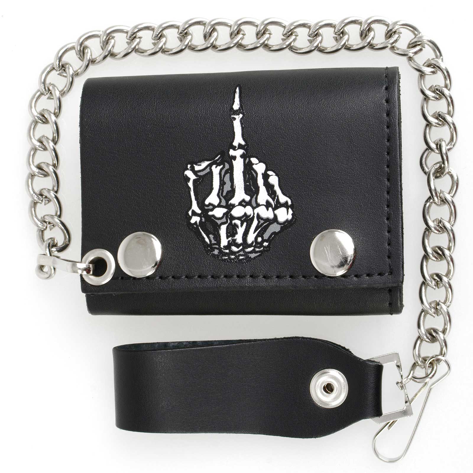 Milwaukee Leather MLW7840 Men's 4” Leather “Skeleton Finger” Tri-Fold Wallet w/ Anti-Theft Stainless Steel Chain